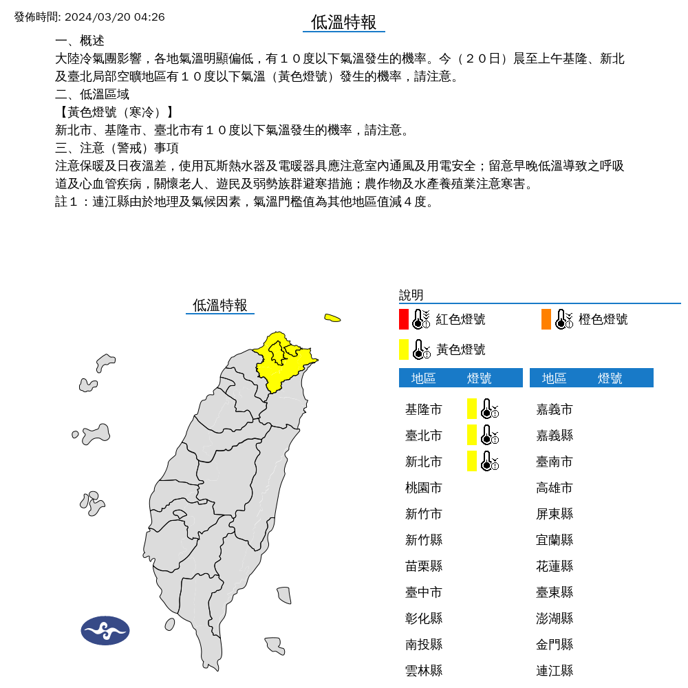 ▲▼低溫特報。（圖／中央氣象署）