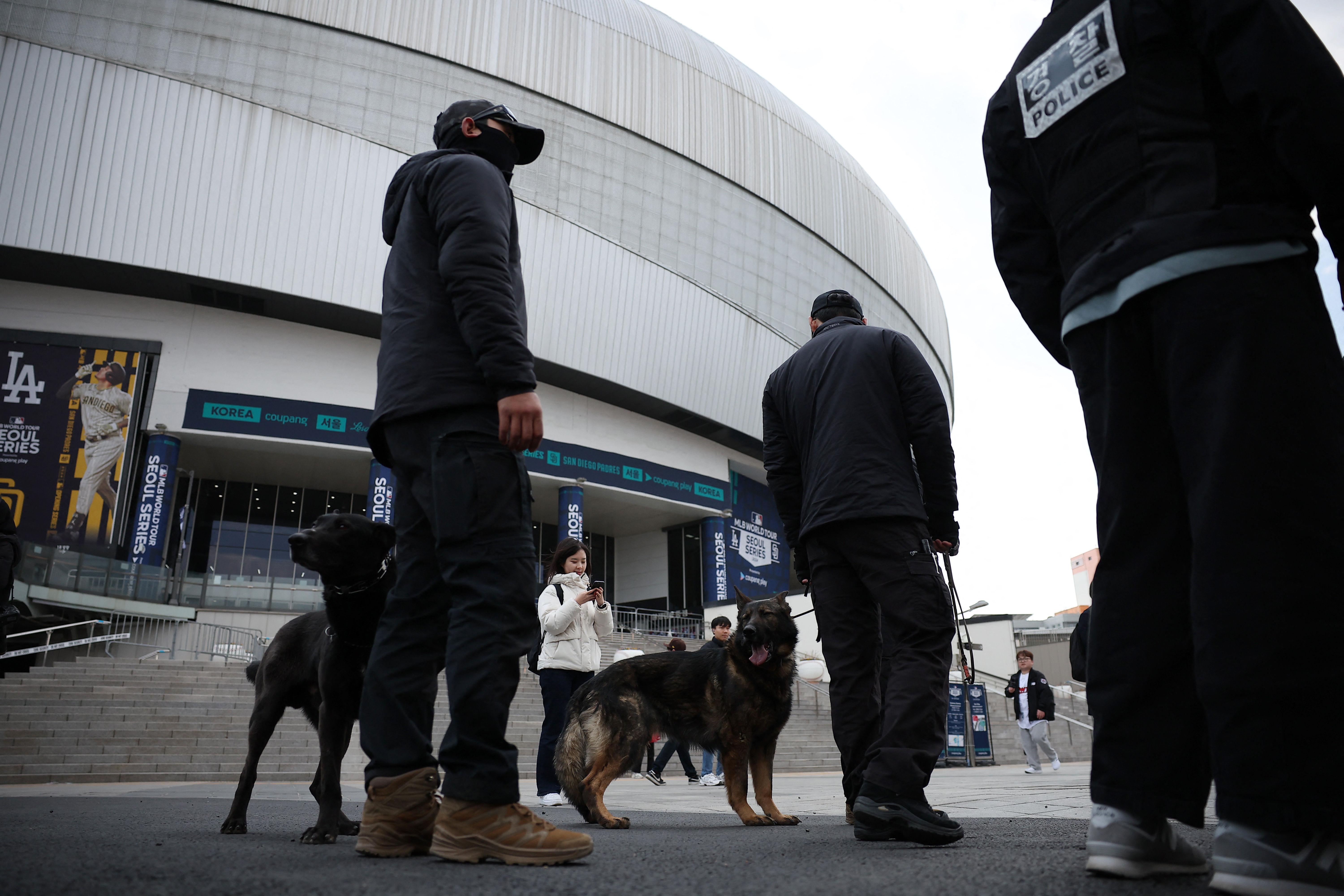 ▲▼高尺巨蛋MLB開幕戰前傳出炸彈威脅，警方派警犬加強巡邏。（圖／路透）