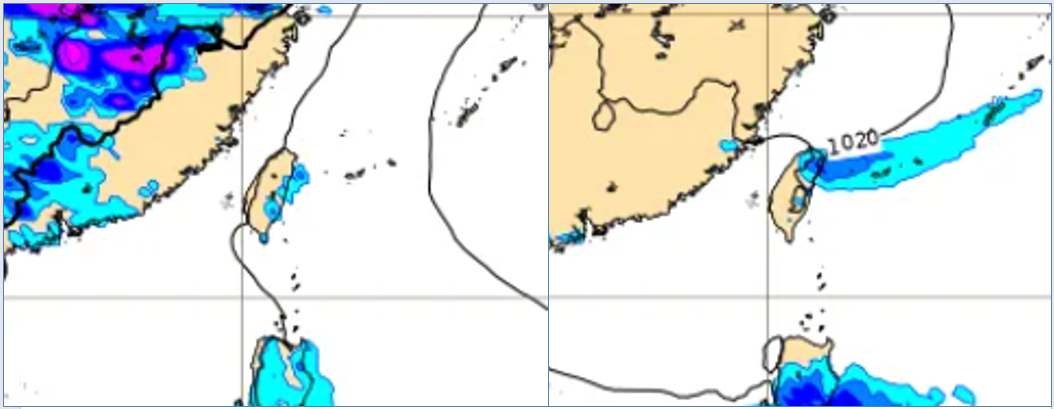 ▲▼最新(20日20時)歐洲(ECMWF)模式，23日20時地面氣壓及降水模擬圖顯示(左圖)，高壓迴流、東半部有局部短暫雨。26日20時模擬圖則顯示(右圖)，微弱鋒面快速通過，北部、東半部轉有局部短暫雨。。（圖／中央氣象署）