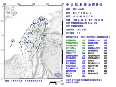 快訊／花蓮「碰很大聲」收國家級警報！18:49發生規模5.3地震