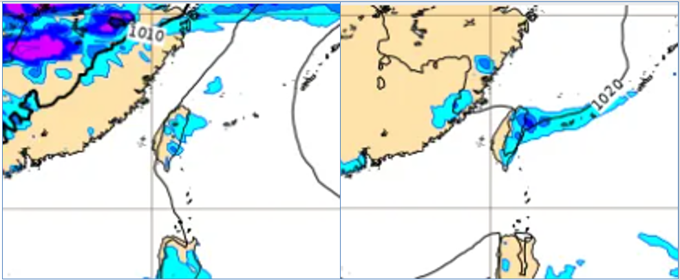 ▲▼最新(22日20時)歐洲(ECMWF)模式，23日20時地面氣壓及降水模擬圖(左圖)顯示，高壓迴流、東半部偶有局部短暫雨。26日20時模擬圖(右圖)則顯示，微弱鋒面下午抵達，北部、東半部轉有局部短暫雨。。（圖／三立準氣象.老大洩天機）