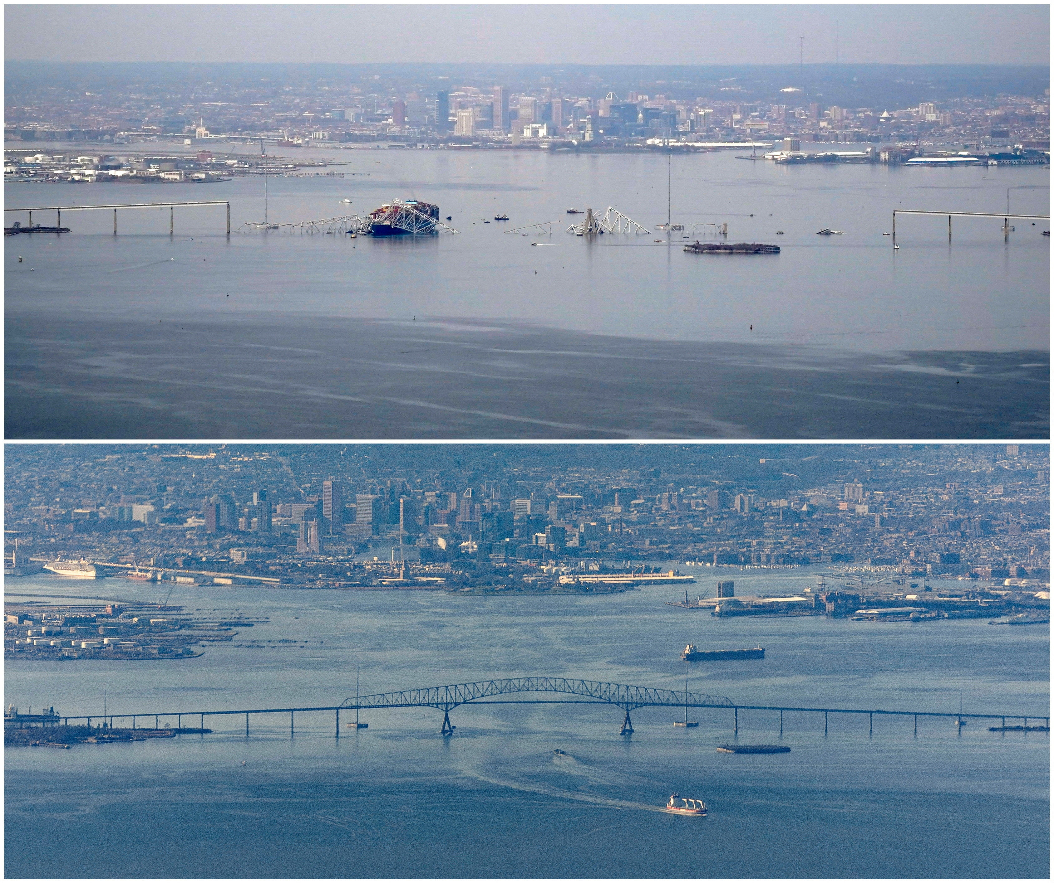 ▲▼美國巴爾的摩市（Baltimore）凱伊橋（Francis Scott Key Bridge）被撞前後對比。（圖／路透）