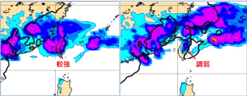 ▲▼最新(28日20時)歐洲(ECMWF)模式，模擬31日14時地面氣壓及降水圖(右圖)顯示，較前一日(27日20時)模式對31日14時的模擬(左圖)，台灣附近的降雨明顯調弱。。（圖／三立準氣象.老大洩天機）