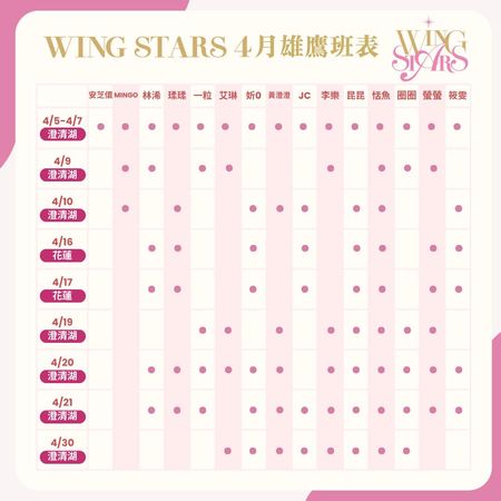▲台鋼雄鷹啦啦隊「Wing Stars」4月班表             。（圖／翻攝自Wing Stars粉絲團）