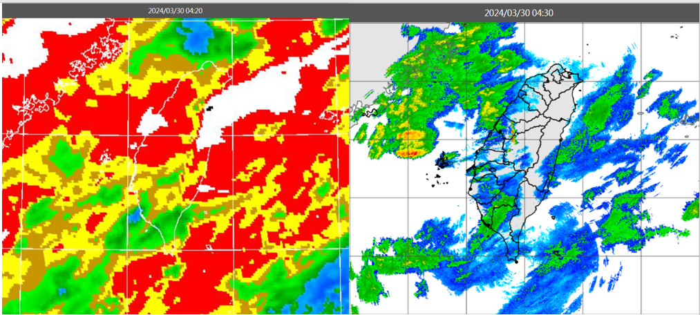 ▲▼今(30日)晨4：20紅外線色調強化雲圖顯示，台灣上空的雲層，大多為結構鬆散的中高雲(左圖)；4：30雷達回波合成圖顯示，台灣上空的雲層伴隨弱降水回波(右圖)。（圖／三立準氣象.老大洩天機）
