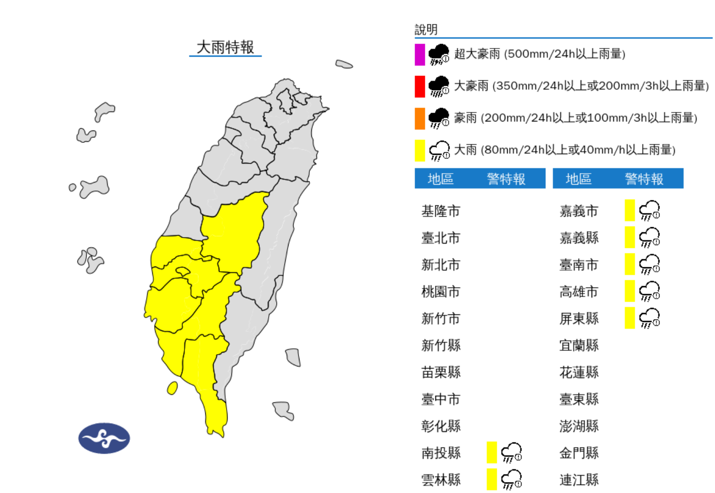 ▲▼7縣市大雨特報。（圖／氣象署）