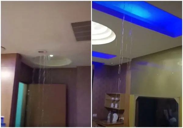 台東某間汽車旅館天花板嚴重漏水，影片曝光引起網路熱議。（翻攝自●【爆料公社】●）