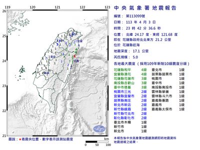 快訊／23:42花蓮近海規模5「極淺層地震」　國家警報狂響