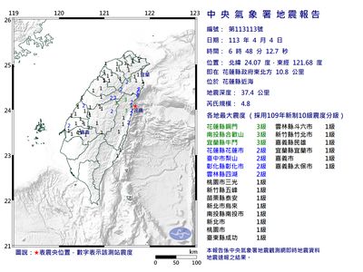 快訊／06:48花蓮近海規模4.8地震　最大震度3級