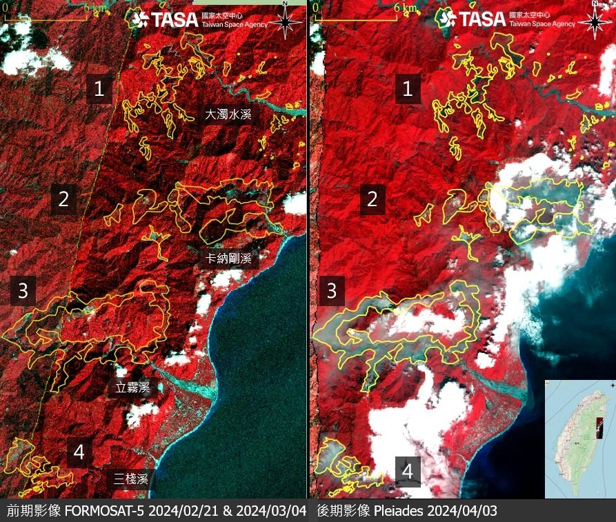 ▲▼7.2強震災前災後「東海岸對比照」出爐！衛星空拍4區域大規模崩塌。（圖／國家太空中心）