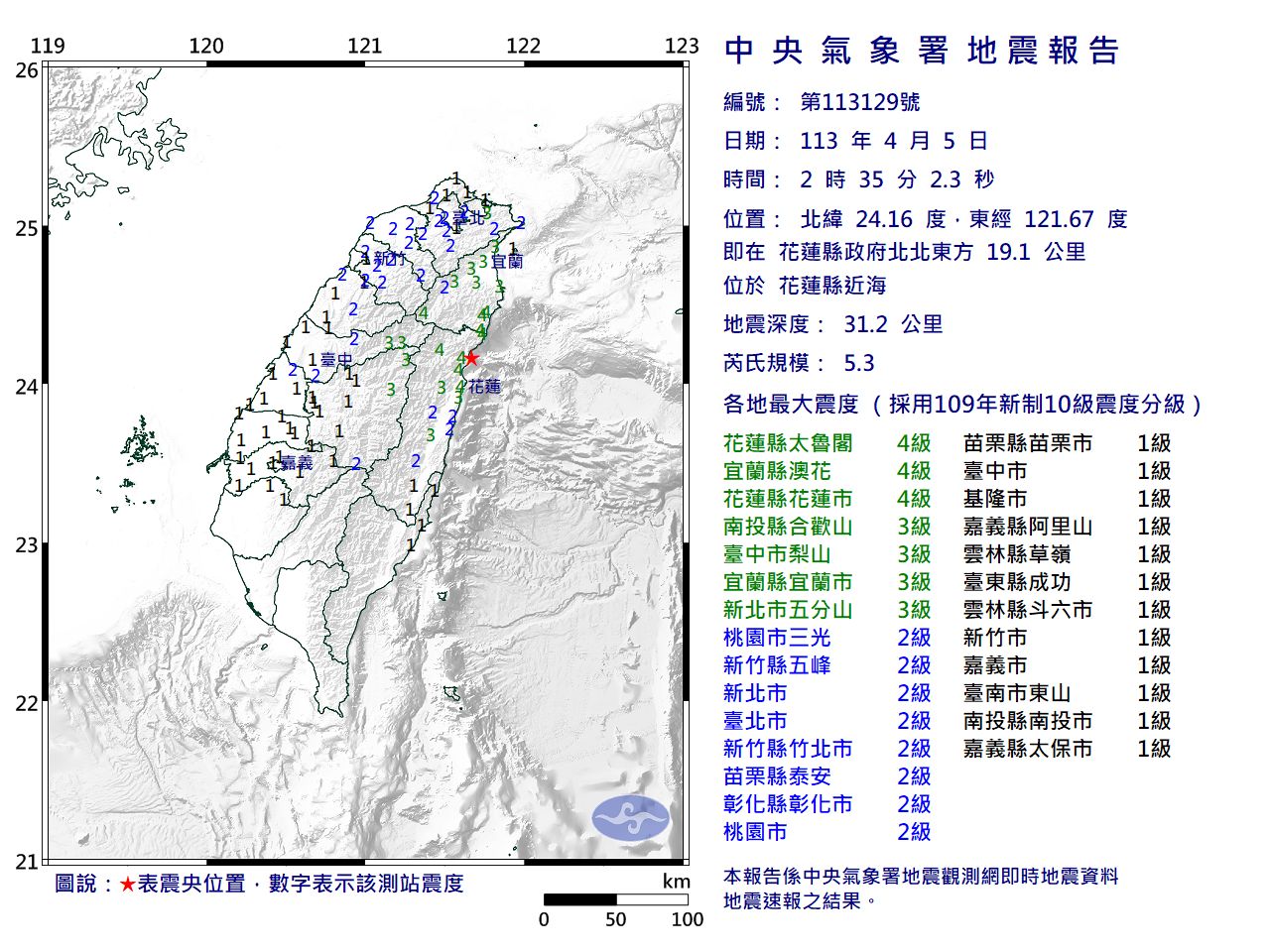 快訊／02:35花蓮近海規模5.3地震　最大震度4級
