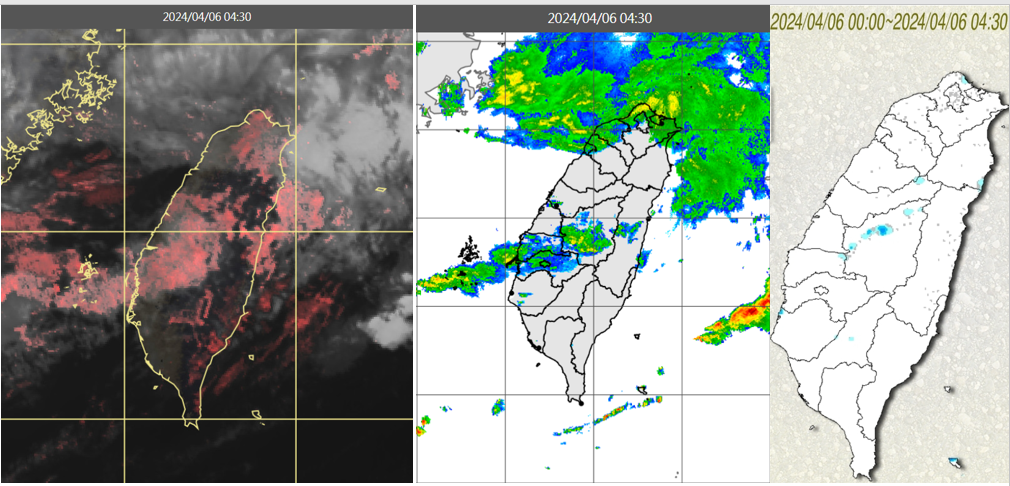 ▲▼今(6日)晨4：30真實色雲圖顯示，中部以北有較多零散的雲層(左圖)；4：30雷達回波合成圖顯示，雲層伴隨弱降水回波(中圖)；4：30累積雨量圖顯示，台南以北局部零星降雨(右圖)。。（圖／三立準氣象.老大洩天機）