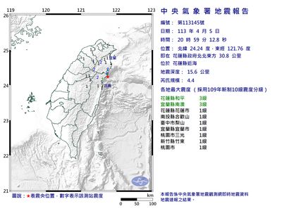 59花蓮近海規模4.4「極淺層地震」　最大震度3級