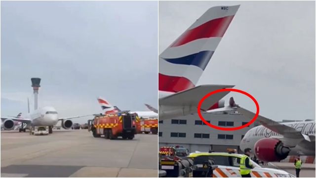 ▲▼2飛機驚險碰撞「機翼被撞壞」　英國希斯洛機場出包。（圖／翻攝X）