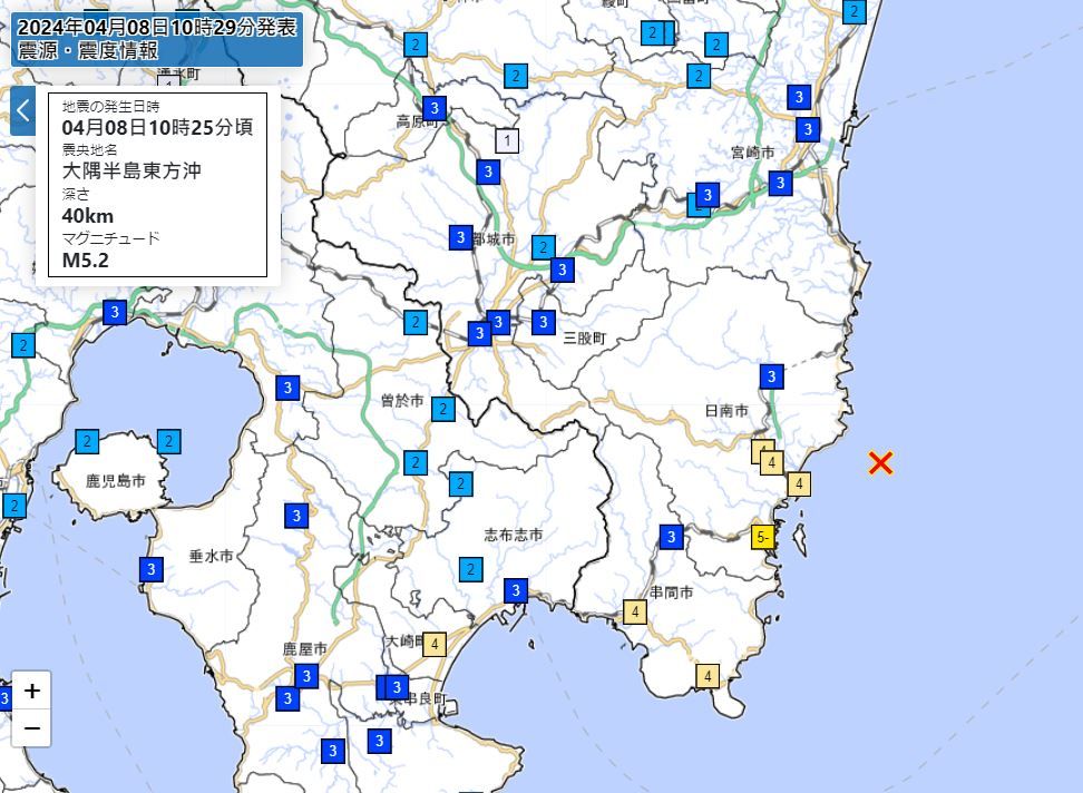 日本宮崎縣外海發生地震。（圖／日本氣象廳）
