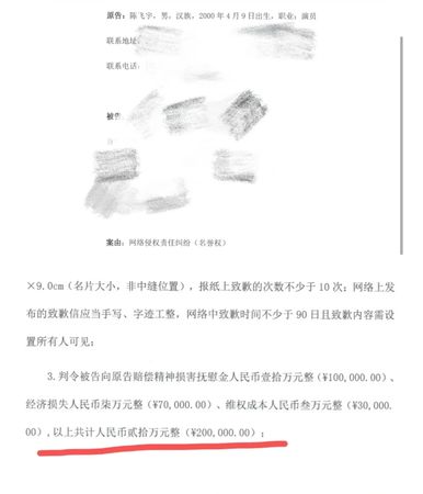 ▲▼女網友稱收到陳飛宇提告的起訴書，對方要求賠償20萬人民幣（約台幣88.7萬元）。（圖／翻攝自微博）