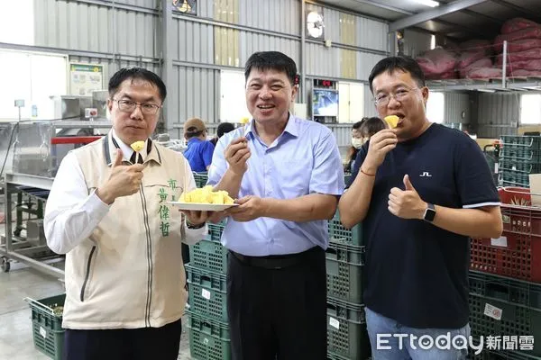 ▲台南市長黃偉哲8日視察外銷鳳梨封櫃狀況，表示這次鳳梨採預購模式販售，尚未抵港前已賣掉約三分之二，反應相當熱烈。（圖／記者林東良翻攝，下同）