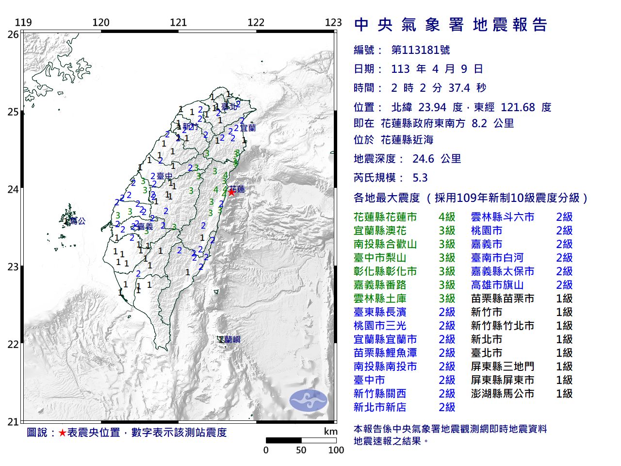 快訊／02:02花蓮近海規模5.3「極淺層地震」　最大震度4級