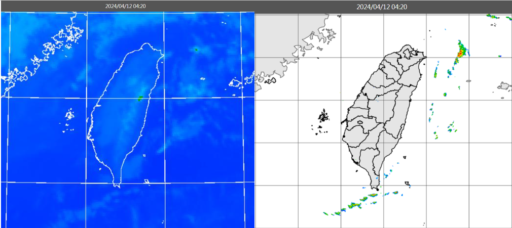▲▼今(12日)晨4：20紅外線色調強化雲圖顯示，台灣上空雲層稀疏(左圖)；4：20雷達回波合成圖顯示，陸上無降水回波(右圖)。（圖／翻攝三立準氣象.老大洩天機）
