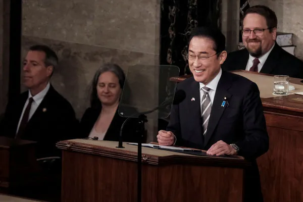▲▼日本首相岸田文雄11日於美國國會發表英語演說。（圖／路透）