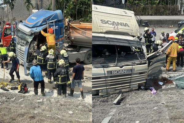 ▲▼             屏東縣鹽埔鄉隘寮溪聯結車擦撞。（圖／翻攝自記者爆料網）