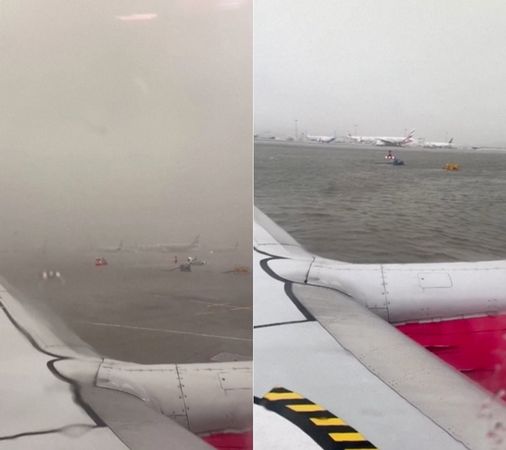 ▲▼杜拜暴雨成災，杜拜國際機場停機坪淹水。（圖／路透）