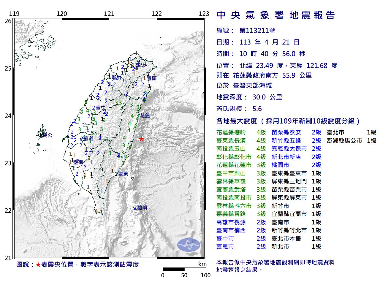 快訊／10:40台灣東部海域規模5.6「極淺層地震」　最大震度4級