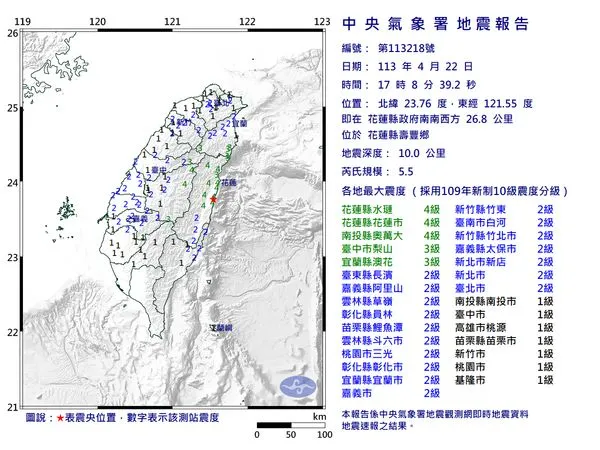 快訊／17:08花蓮壽豐規模5.5「極淺層地震」　最大震度4級