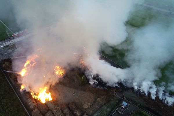 ▲彰化田中鎮一處農田堆置大量木材起火燃燒。（圖／民眾提供）