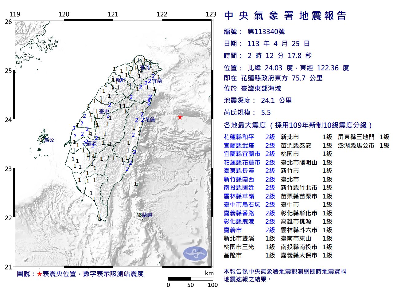 快訊／02:12台灣東部海域規模5.5「極淺層地震」　最大震度2級