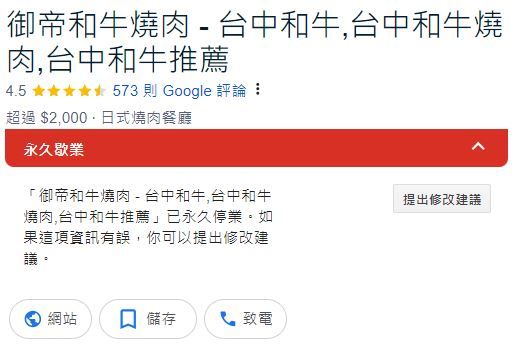 台中御帝和牛燒肉爆囤過期肉，業者臉書全清空。（圖／翻攝自Google評論）