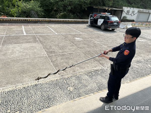 ▲▼員警熟練使用捕蛇夾將蛇制服後野放山林。（圖／新城警分局提供，下同）