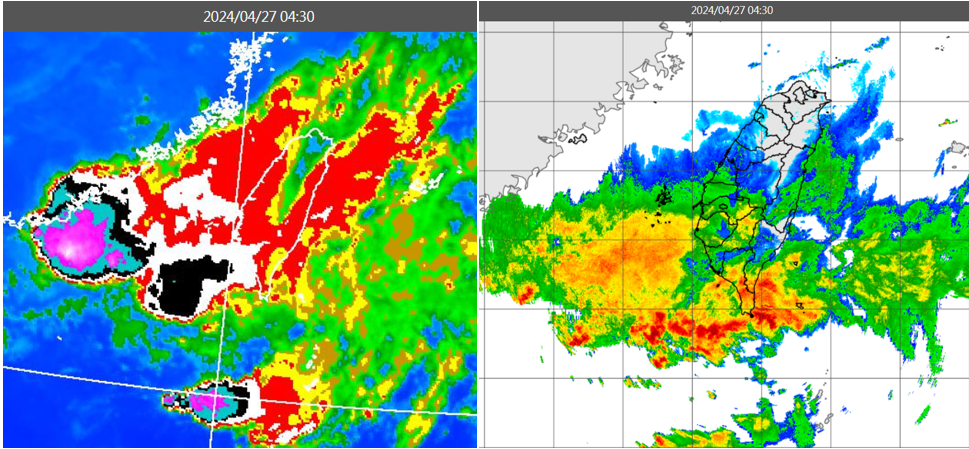 ▲▼今(27日)晨4：30紅外線色調強化雲圖顯示，對流雲系在巴士海峽及台灣西南方海面，其高層「砧狀雲」擴及台灣上空(左圖)；4：30雷達回波合成圖顯示，台灣上空有弱降水回波(右圖)。（圖／三立準氣象.老大洩天機）