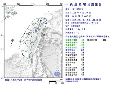 快訊／00:21花蓮近海規模4.7「極淺層地震」！最大震度4級　北台灣有感