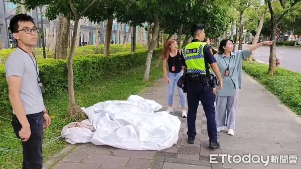 ▲▼    台北市北稍早刮起一陣狂風，微風松高的裝置藝術被吹起來，砸中騎士，造成騎士受傷        。（圖／記者黃彥傑翻攝）