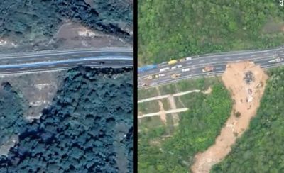 有如炸彈襲擊！衛星圖比對廣東梅大高速　路面撕裂出一個大坑
