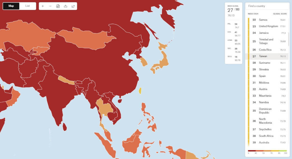 ▲無國界記者組織發布2024年世界新聞自由指數，台灣排名晉升至第27名。（圖／翻攝自無國界記者組織網頁）