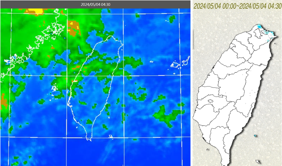 ▲▼今(4日)晨4：30紅外線色調強化雲圖顯示，台灣上空雲層鬆散(左圖)。4：30累積雨量圖顯示，北海岸有零星降雨(右圖)。（圖／三立準氣象.老大洩天機）
