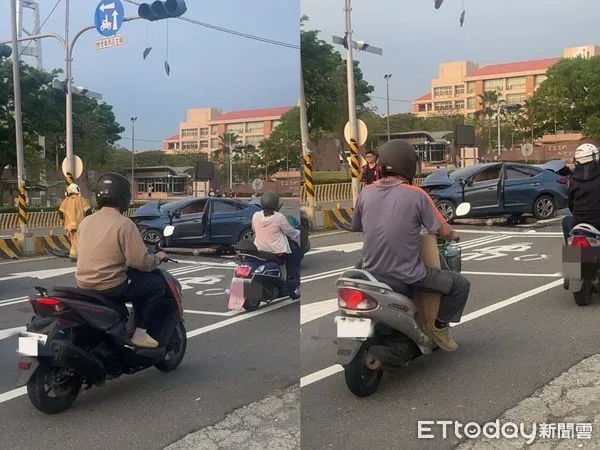 ▲高師大燕巢校區門口發生自撞車禍，一家3口受傷             。（圖／記者吳世龍翻攝）