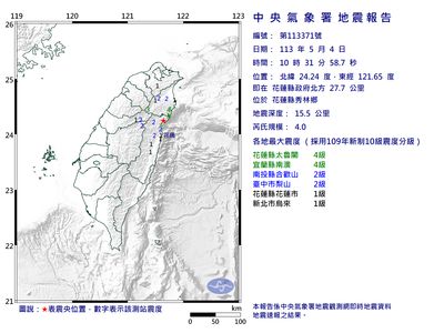 快訊／10:31花蓮秀林規模4.0地震！最大震度4級　北部有感