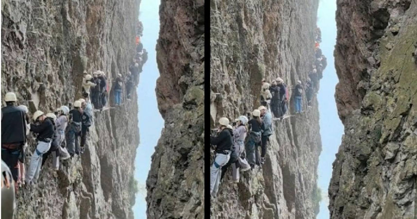 許多遊客困在懸崖上長達1小時。（圖／翻攝畫面）