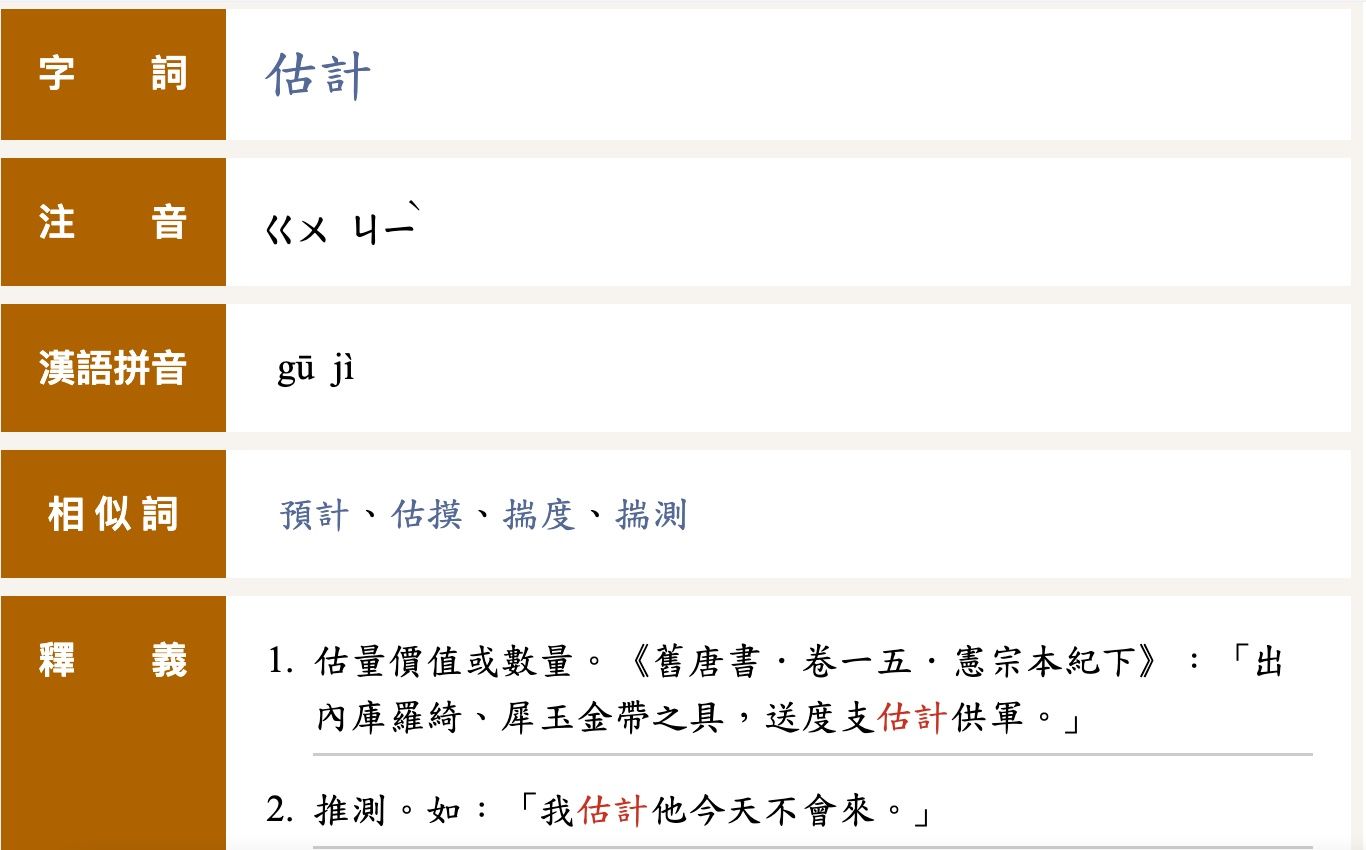 ▲▼教育部重編國語辭典修訂本估計解釋。（圖／教育部重編國語辭典修訂本）