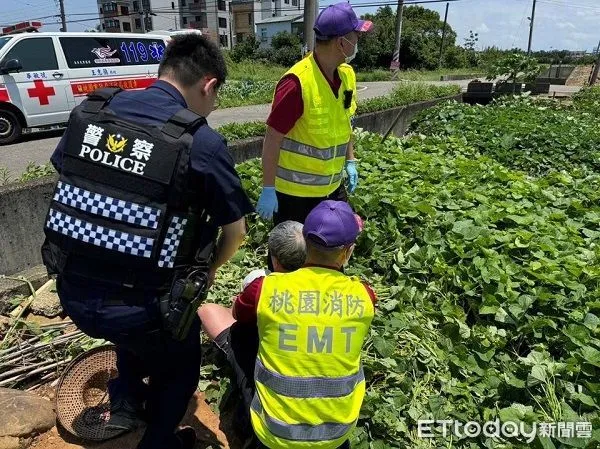 ▲男子烈日下田中務農中暑昏倒，警方前往救援。（圖／大園警分局提供）