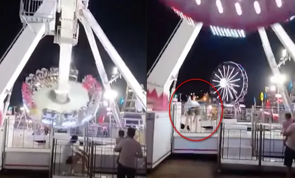 小狗闖進遊樂設施底部　男救狗被「360度大擺錘重擊」爆血倒地。（圖／翻攝自YouTube）