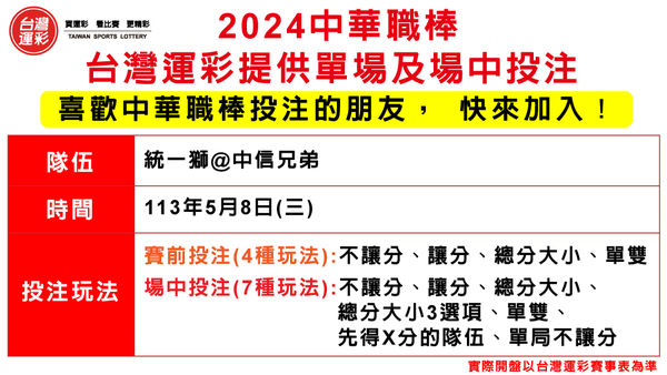 ▲2024中華職棒台灣運彩提供單場及場中投注。（圖／台灣運彩提供）