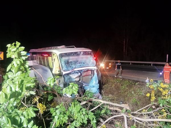 ▲▼泰國一輛載有中國遊客的巴士撞上路樹，導致車頭全毀，司機當場死亡。（圖／翻攝自Facebook）