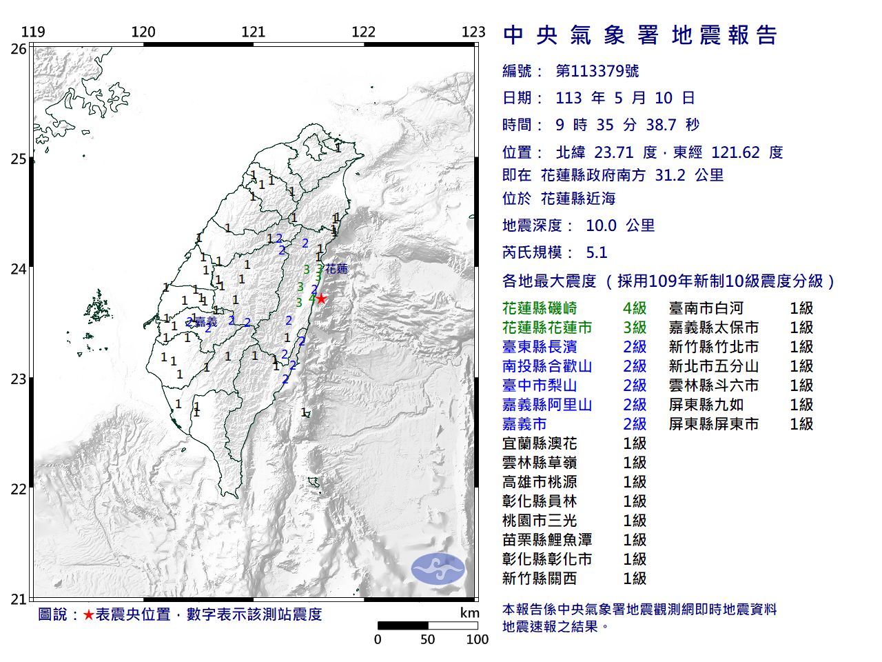 快訊／09:35花蓮近海規模5.1「極淺層地震」　最大震度4級