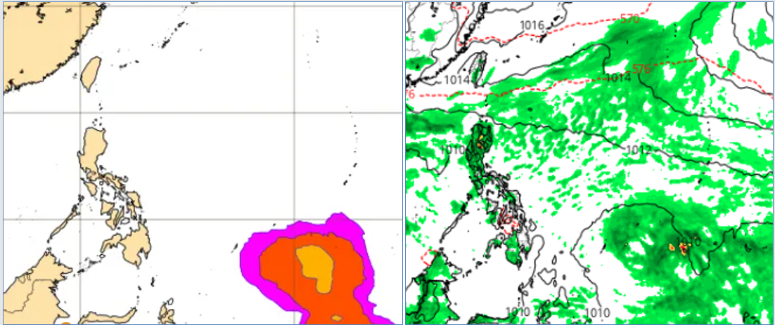 ▲▼最新(10日20時)歐洲(ECMWF)系集模式，模擬16日20時「熱帶擾動」發展機率圖(左圖)顯示，菲律賓東方海面有「熱帶擾動」醞釀中。美國模式(GFS)亦有類似的模擬(右圖)。（圖／三立準氣象.老大洩天機）