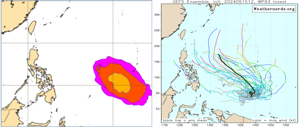 ▲▼最新(15日20時)歐洲(ECMWF)系集模式模擬，22日20時輕颱生成機率圖顯示，菲律賓東方海面有「熱帶擾動」發展(左圖)。美國(GFES)系集模式亦有類似的模擬(右圖)，仍需持續觀察。（圖／三立準氣象.老大洩天機）
