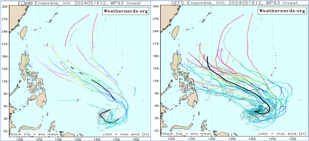 ▲▼最新(16日20時)歐洲(ECMWF)模式，未來10天系集模擬路徑圖顯示(左圖)，菲律賓東方海面有「熱帶擾動」活動。美國(GFES)系集模式亦有類似的模擬(右圖)，仍需持續觀察。（圖／翻攝三立準氣象.老大洩天機）